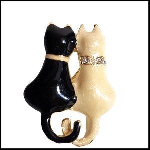 Vintage Black Cream Enamel Cat Two Cats Pin with Rhinestone  Brooch Pin